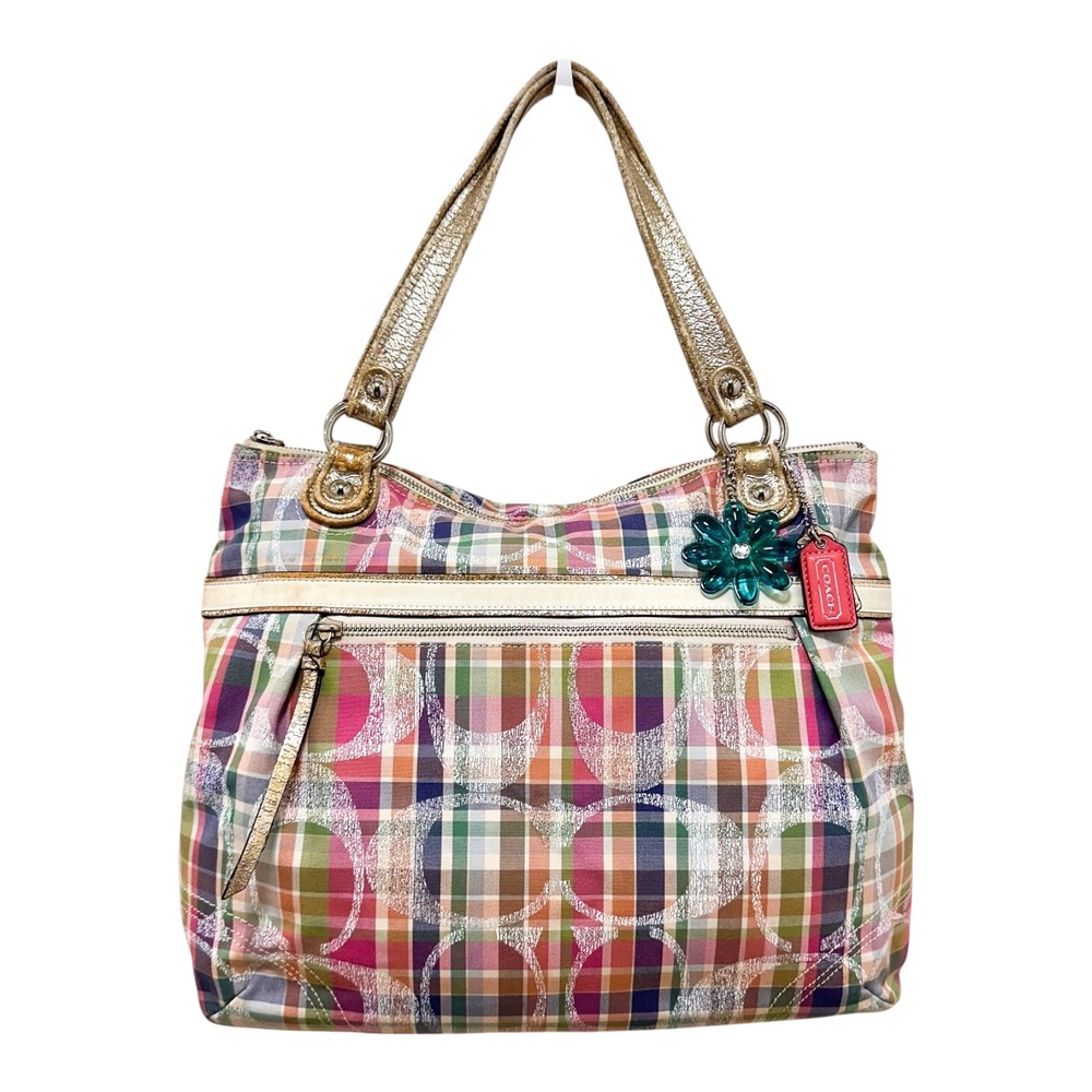 Coach Poppy Madras Glam Tote Plaid Metallic Gold Large Bag 19611
